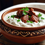 **Tavë Kosi Dish:** A close-up, appetizing shot of Tavë Kosi, a traditional Albanian dish with creamy yogurt and tender meat, presented in a rustic earthenware bowl.