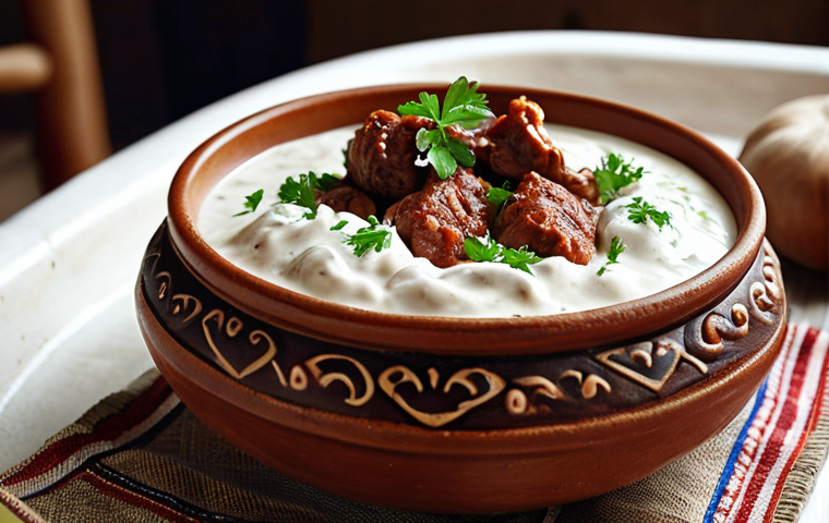 **Tavë Kosi Dish:** A close-up, appetizing shot of Tavë Kosi, a traditional Albanian dish with creamy yogurt and tender meat, presented in a rustic earthenware bowl.