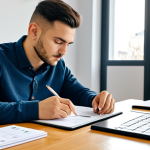 A focused young adult, fully clothed in smart casual professional dress, comfortably seated at a modern desk in a well-lit, minimalist study space. They are looking at an open tablet displaying Albanian language learning applications, with some flashcards featuring Albanian numbers scattered neatly on the desk. The atmosphere is calm and conducive to learning. Perfect anatomy, correct proportions, natural pose, well-formed hands, proper finger count. Safe for work, appropriate content, modest, family-friendly. Professional photography, high quality.