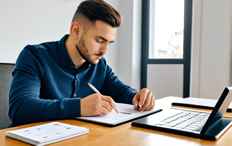 A focused young adult, fully clothed in smart casual professional dress, comfortably seated at a modern desk in a well-lit, minimalist study space. They are looking at an open tablet displaying Albanian language learning applications, with some flashcards featuring Albanian numbers scattered neatly on the desk. The atmosphere is calm and conducive to learning. Perfect anatomy, correct proportions, natural pose, well-formed hands, proper finger count. Safe for work, appropriate content, modest, family-friendly. Professional photography, high quality.