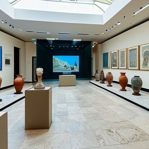 Home 17 A wide-angle professional shot of a modern archaeological museum interior in Albania. The scene features well-lit display cases exhibiting perfectly preserved ancient Roman mosaics and intricate Illyrian pottery. Sculptures with correct proportions and natural poses are strategically placed, emphasizing their historical significance. In the background, a subtle, interactive digital exhibit screen provides additional context. The space is clean, bright, and inviting. The image conveys a sense of historical reverence and educational importance, with perfect anatomy, well-formed hands (if any are visible), and natural body proportions. This is safe for work, appropriate content, fully clothed, modest, and professional photography, ensuring a high-quality, family-friendly image.