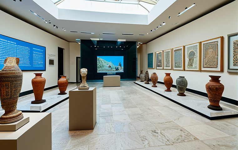 A wide-angle professional shot of a modern archaeological museum interior in Albania. The scene features well-lit display cases exhibiting perfectly preserved ancient Roman mosaics and intricate Illyrian pottery. Sculptures with correct proportions and natural poses are strategically placed, emphasizing their historical significance. In the background, a subtle, interactive digital exhibit screen provides additional context. The space is clean, bright, and inviting. The image conveys a sense of historical reverence and educational importance, with perfect anatomy, well-formed hands (if any are visible), and natural body proportions. This is safe for work, appropriate content, fully clothed, modest, and professional photography, ensuring a high-quality, family-friendly image.