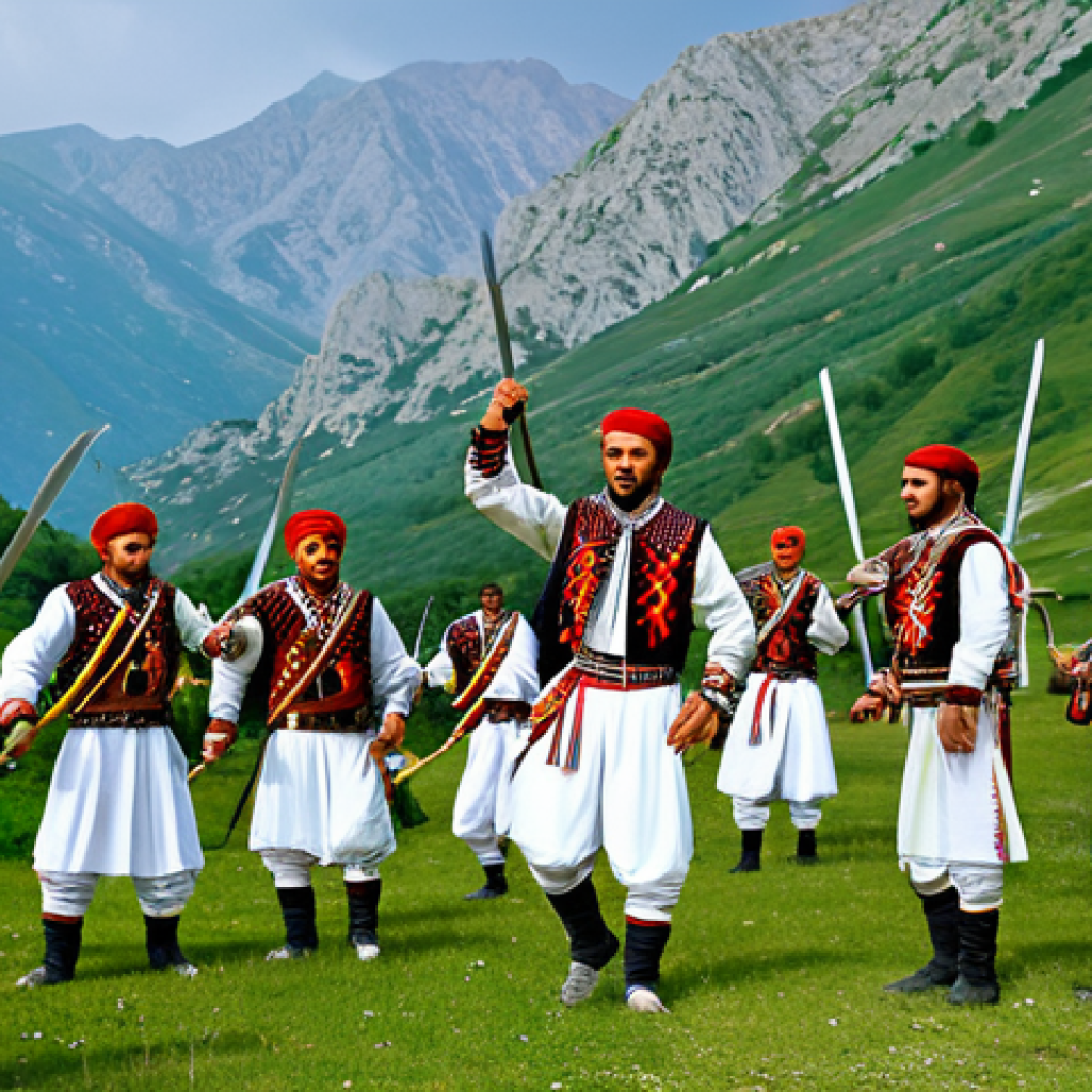 알바니아 전통 춤 - Northern Albanian Dance**
"A group of male dancers in traditional Northern Albanian attire, fully c...