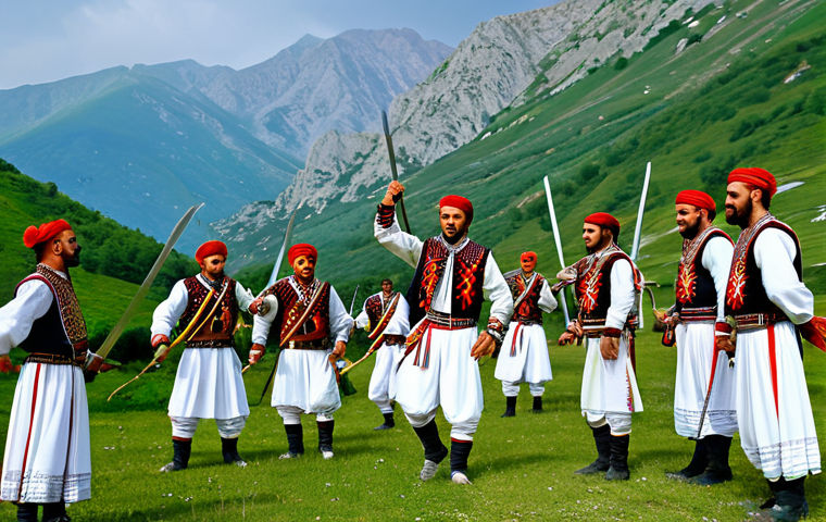 알바니아 전통 춤 - Northern Albanian Dance**
"A group of male dancers in traditional Northern Albanian attire, fully c...