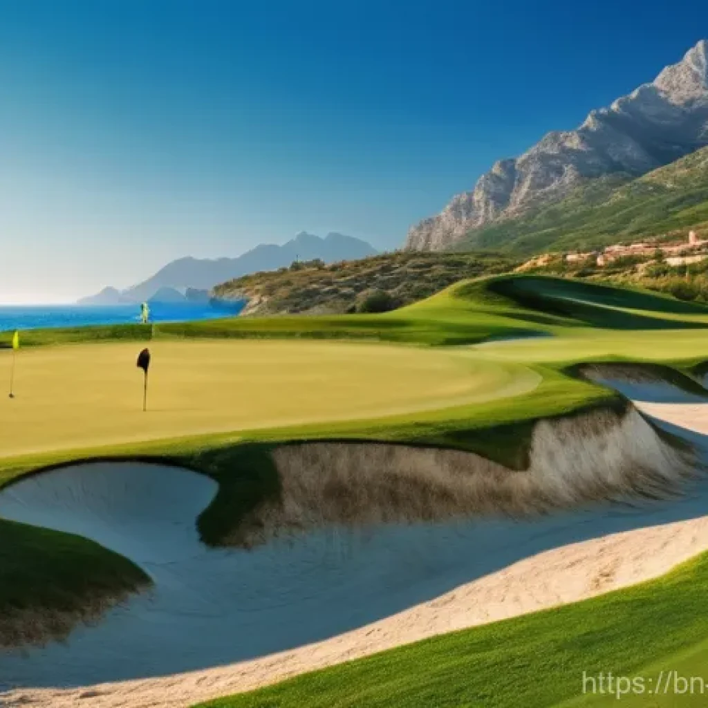 알바니아에서 골프장 이용 - A stunning panoramic view of a vast, meticulously maintained golf course in Albania. A male golfer, ...
