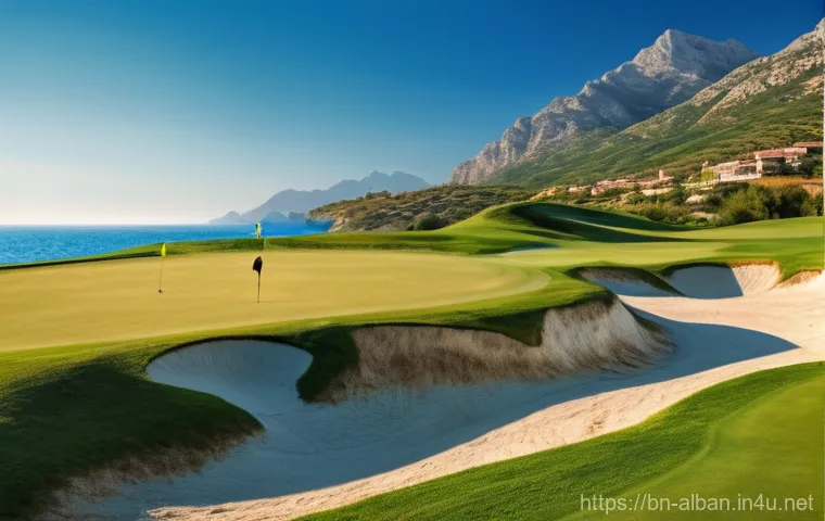알바니아에서 골프장 이용 - A stunning panoramic view of a vast, meticulously maintained golf course in Albania. A male golfer, ...