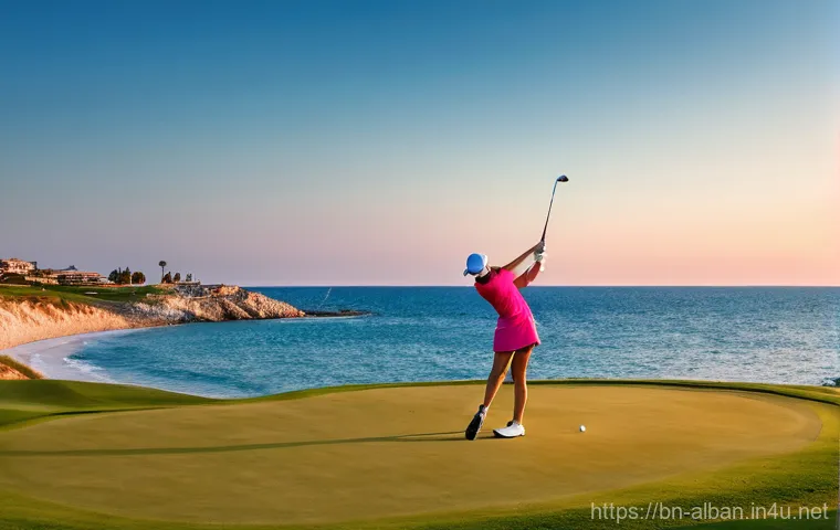 알바니아에서 골프장 이용 - A stunning panoramic view of a vast, meticulously maintained golf course in Albania. A male golfer, ... 알바니아에서 골프장 이용 - A stunning panoramic view of a vast, meticulously maintained golf course in Albania. A male golfer, ...