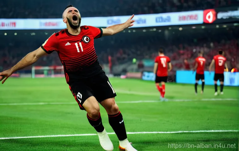 알바니아 축구 대표팀 - **Prompt 1: The Historic Goal**
"A dynamic, wide-angle shot of Albanian footballer Nedim Bajrami...