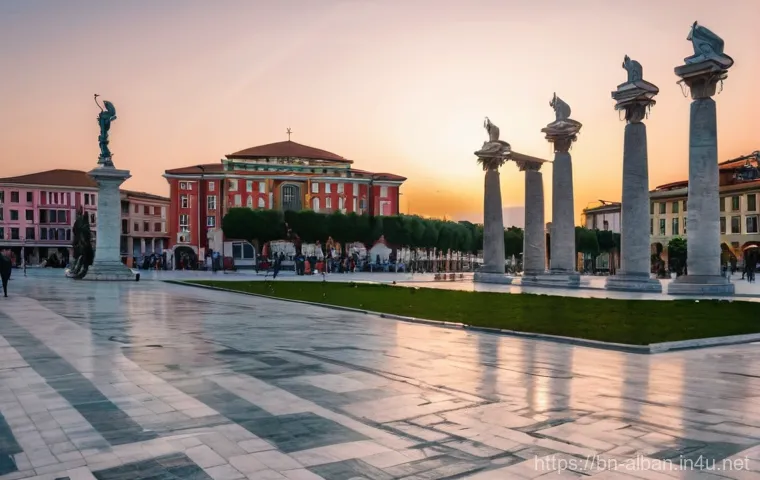 티라나 여행 가이드 - Prompt 1: Vibrant Skanderbeg Square at Sunset**