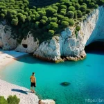 알바니아와 몬테네그로 비교 - **Prompt:** A serene and pristine hidden beach along the Albanian Riviera, reminiscent of Gjipe Cany...