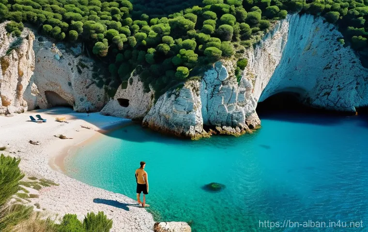 알바니아와 몬테네그로 비교 - **Prompt:** A serene and pristine hidden beach along the Albanian Riviera, reminiscent of Gjipe Cany...