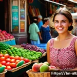 알바니아 NATO 가입 - **A young woman, early 20s, wearing a stylish sundress, walking through a bustling marketplace in Ti...