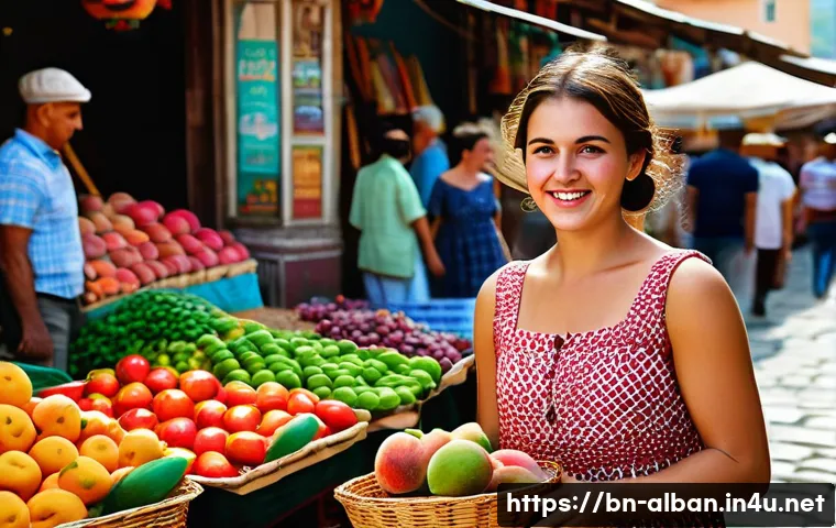 알바니아 NATO 가입 - **A young woman, early 20s, wearing a stylish sundress, walking through a bustling marketplace in Ti...