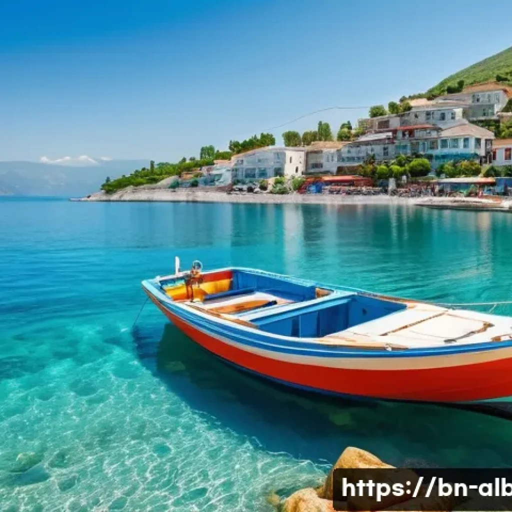 알바니아에서 요트 여행 - A serene coastal scene of Albania’s Vlora coastline featuring a modern, medium-sized yacht anchored ...