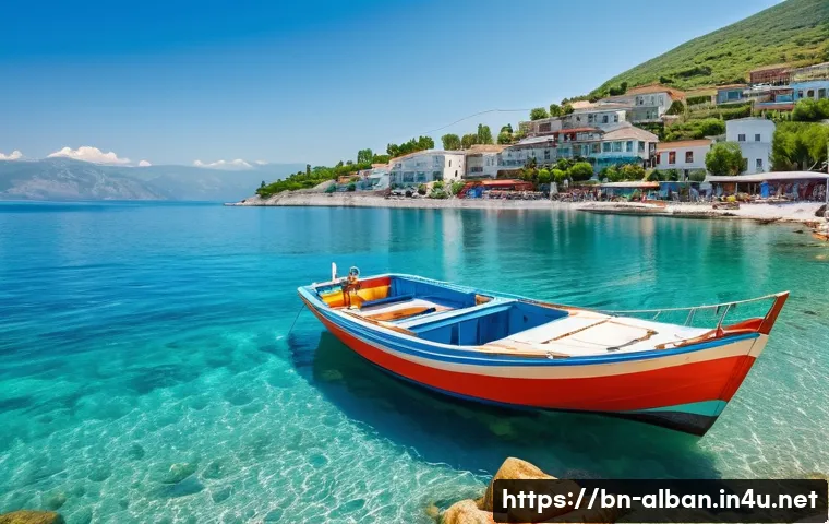 알바니아에서 요트 여행 - A serene coastal scene of Albania’s Vlora coastline featuring a modern, medium-sized yacht anchored ...