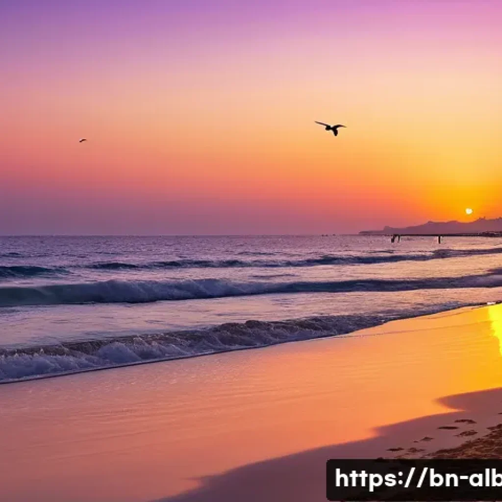 두러스 해변 명소 - A serene and expansive view of the Duraz beach at sunset, showcasing the deep blue sea merging with ...