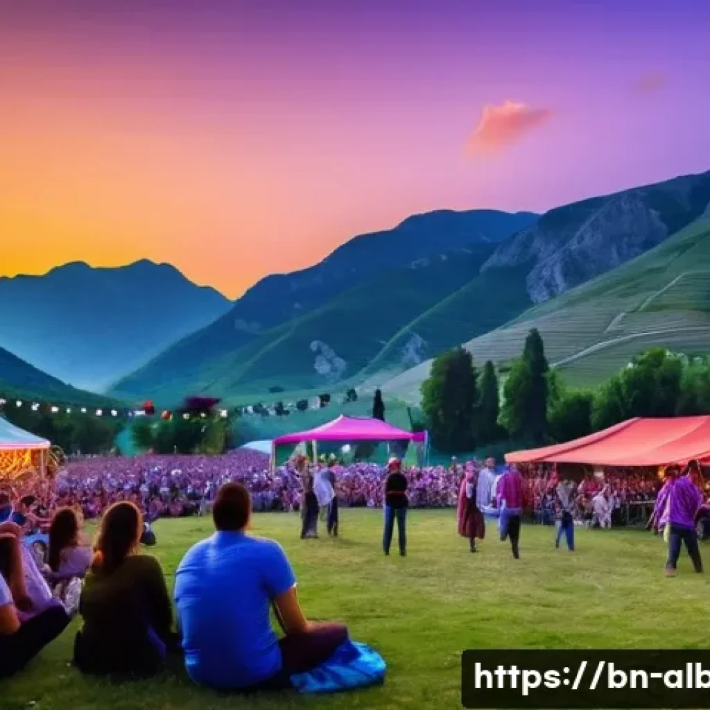 알바니아에서 여름 페스티벌 - A vibrant Albanian summer festival scene at dusk, featuring a diverse crowd enjoying a lively outdoo...