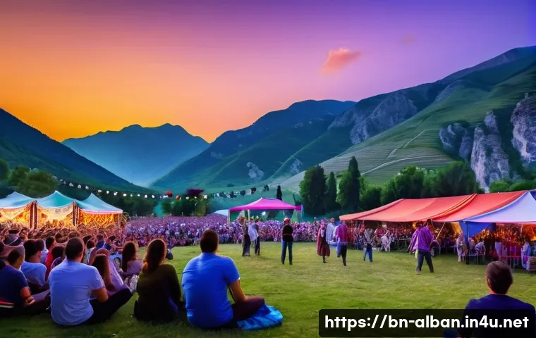 알바니아에서 여름 페스티벌 - A vibrant Albanian summer festival scene at dusk, featuring a diverse crowd enjoying a lively outdoo...