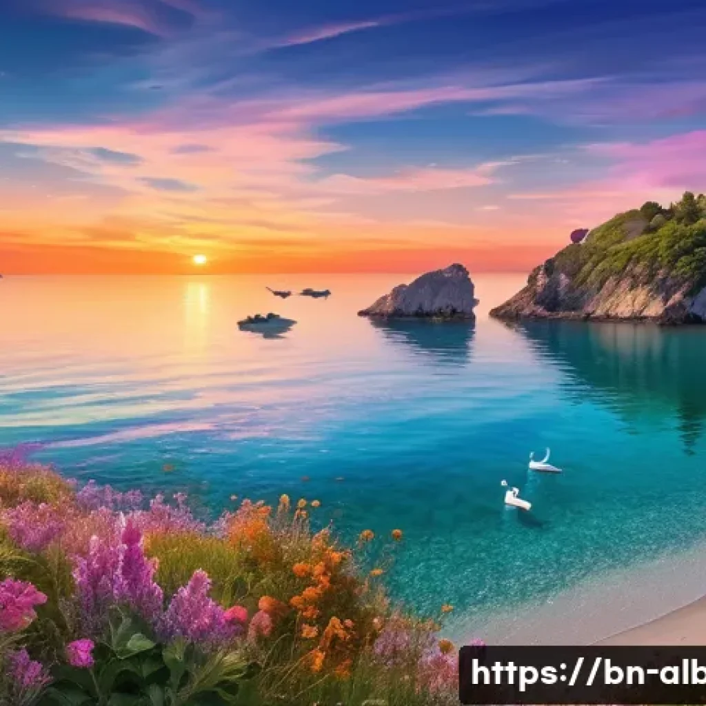알바니아 리비에라 추천 - A breathtaking coastal scene of the Riviera at sunset, featuring a crystal-clear blue sea reflecting...