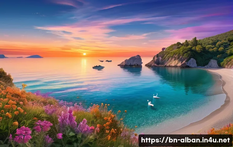 알바니아 리비에라 추천 - A breathtaking coastal scene of the Riviera at sunset, featuring a crystal-clear blue sea reflecting...