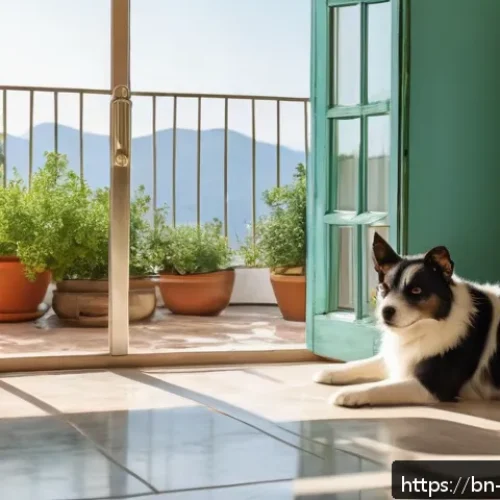 알바니아에서 반려동물 키우기 - A cozy Mediterranean-style home interior in Albania during summer, featuring a small dog and a cat c...