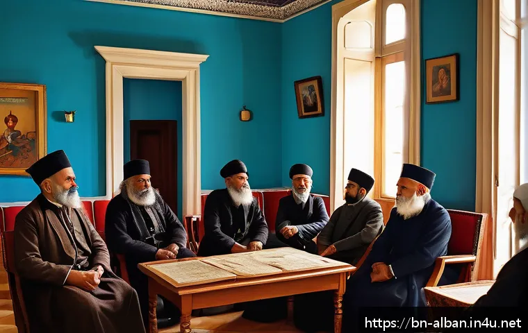 알바니아 유명 소설 및 문학 - A vibrant scene depicting a traditional Albanian literary gathering set in the early 20th century, w...