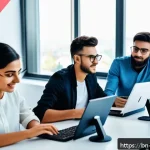 알바니아에서 인기 있는 직업 - A modern Albanian software development office bustling with young professionals working collaborativ...