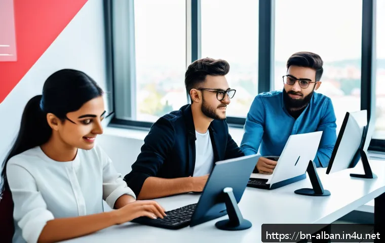 알바니아에서 인기 있는 직업 - A modern Albanian software development office bustling with young professionals working collaborativ...
