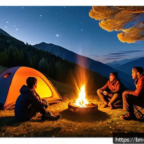 알바니아 캠핑 명소 - A peaceful camping scene nestled in the Albanian mountains during twilight, featuring a family-sized...