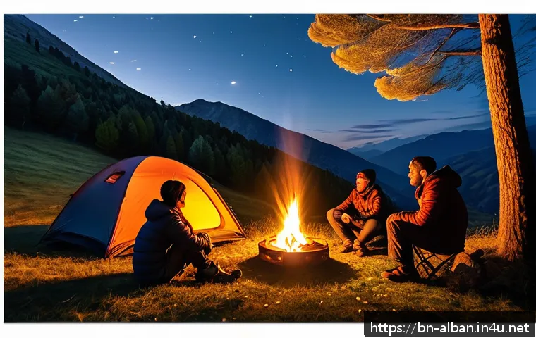 알바니아 캠핑 명소 - A peaceful camping scene nestled in the Albanian mountains during twilight, featuring a family-sized...