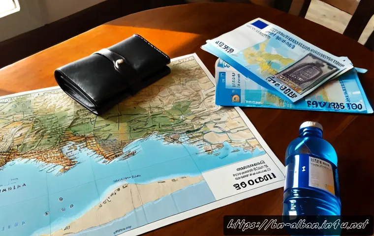 알바니아 여행 필수 팁 - Photorealistic travel planning scene for an Albania trip: a neatly organized wooden table with a fol...