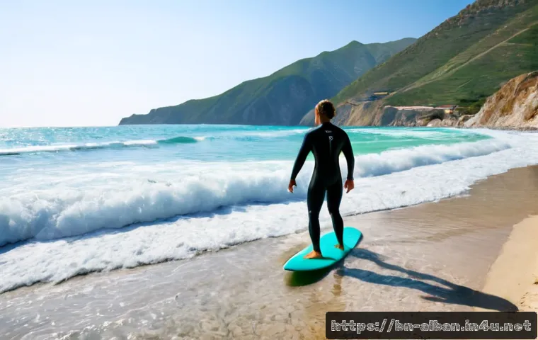 Home 17 알바니아에서 서핑 가능 지역 - Photorealistic coastal surfing scene near Vlore, Albania, a lone adult surfer in a full wetsuit ridi...